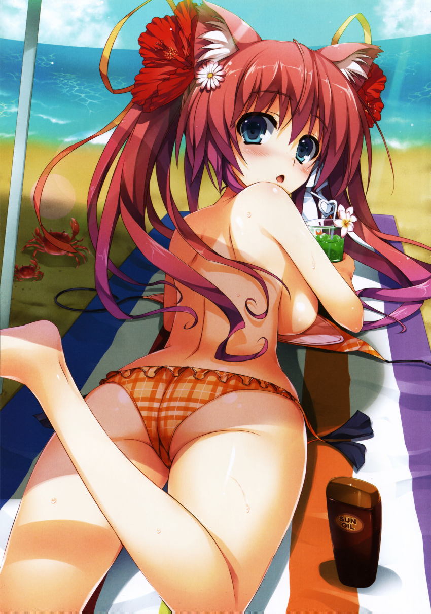1girl :o absurdres animal_ears ass back bangs beach beach_towel bikini blue_eyes blush breasts cat_ears clouds crab cup day drink drinking_glass drinking_straw flower frilled_bikini frills from_behind gradient_hair hair_flower hair_ornament hair_ribbon hairclip heart heart_straw hibiscus highres ice ice_cube large_breasts leg_up long_hair looking_at_viewer looking_back lotion lying multicolored_hair nose_blush ocean oil on_stomach orange_bikini outdoors pink_hair plaid plaid_bikini purple_hair ribbon shiny shiny_skin side-tie_bikini sideboob sky solo sunscreen surprised sweat swimsuit tomose_shunsaku topless towel twintails umbrella untied untied_bikini water wide_hips