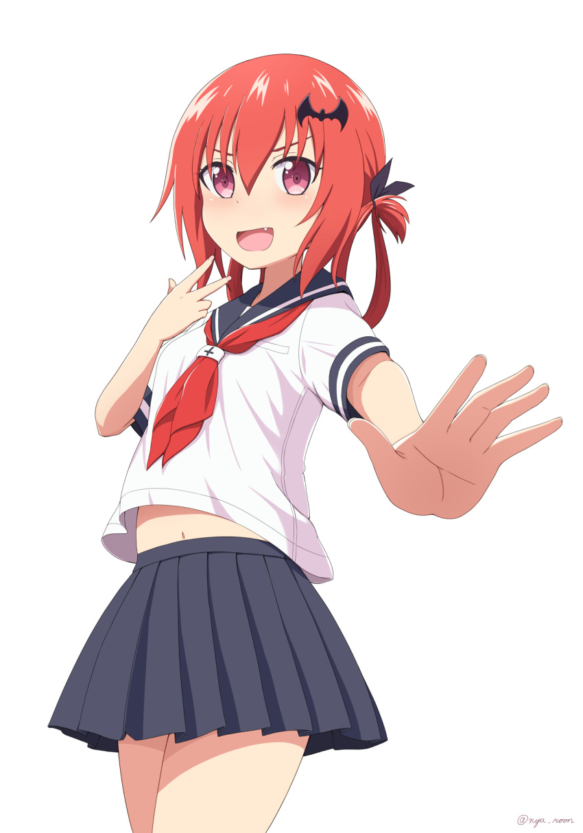 &gt;:d 1girl :d alternate_costume bat_hair_ornament cowboy_shot fang gabriel_dropout hair_ornament hair_ribbon hair_rings hand_to_own_mouth highres kurumizawa_satanichia_mcdowell navel nyaroon open_mouth outstretched_hand red_eyes redhead ribbon sailor school_uniform serafuku short_sleeves smile solo v white_background