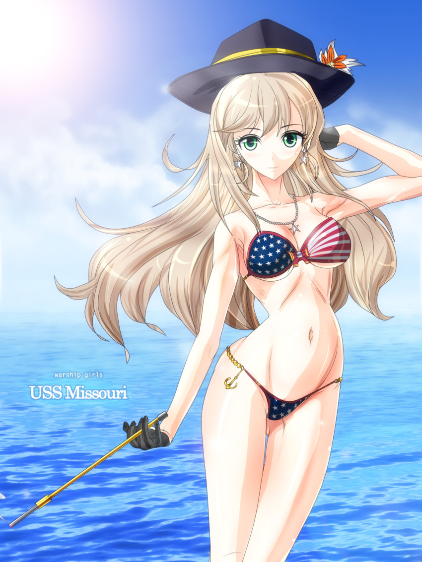 1girl american_flag_bikini american_flag_swimsuit anchor_symbol arm arm_at_side arm_up bare_arms bare_legs bare_shoulders bead_necklace beads bikini black_gloves black_hat blonde_hair blue_sky bow_bikini breasts character_name cleavage closed_mouth clouds collarbone day earrings eyelashes female flag_print gloves gluteal_fold green_eyes half_gloves hand_on_own_head hat highres holding holding_pipe jewelry large_breasts legs legs_together light_smile long_hair looking_at_viewer midriff missouri_(zhan_jian_shao_nyu) navel neck necklace outdoors pipe sky smile solo standing star star_earrings star_necklace strapless strapless_bikini strapless_swimsuit sun sunlight swimsuit tansoku102cm under_boob water zhan_jian_shao_nyu