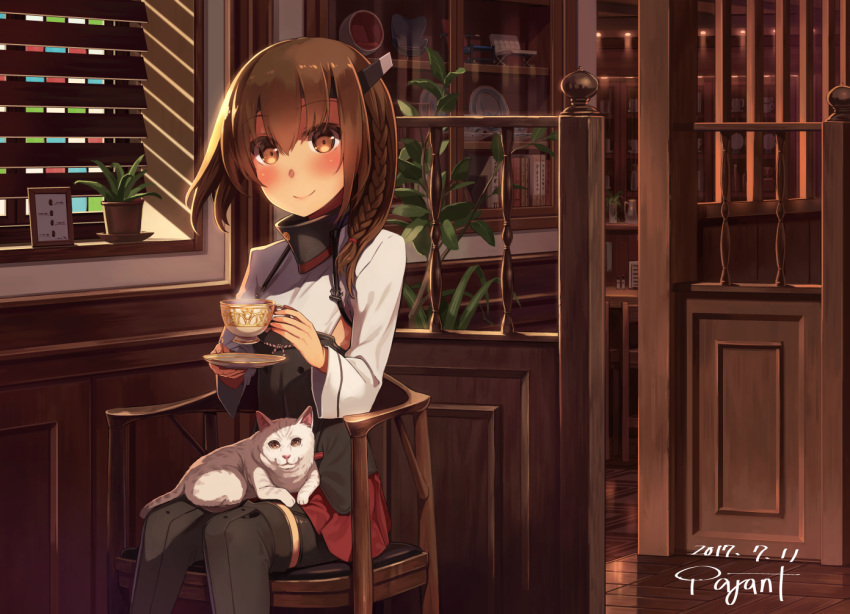 10s 1girl alternate_hairstyle artist_name bike_shorts black_legwear brown_eyes brown_hair cat cup dated hair_between_eyes headband headgear holding holding_cup kantai_collection long_hair long_sleeves pajant red_skirt shirt sitting skirt smile solo taihou_(kantai_collection) teacup white_cat white_shirt
