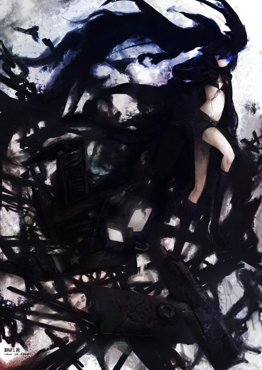 1girl 2010 absurdly_long_hair absurdres artist_name belt black_bikini_top black_boots black_coat black_hair black_rock_shooter black_rock_shooter_(character) black_shorts blue_eyes boots bow burning_eye bwrose dated floating_hair front-tie_top full_body hair_bow highres knee_boots long_hair looking_at_viewer midriff short_shorts shorts solo standing star star_print stomach twintails very_long_hair