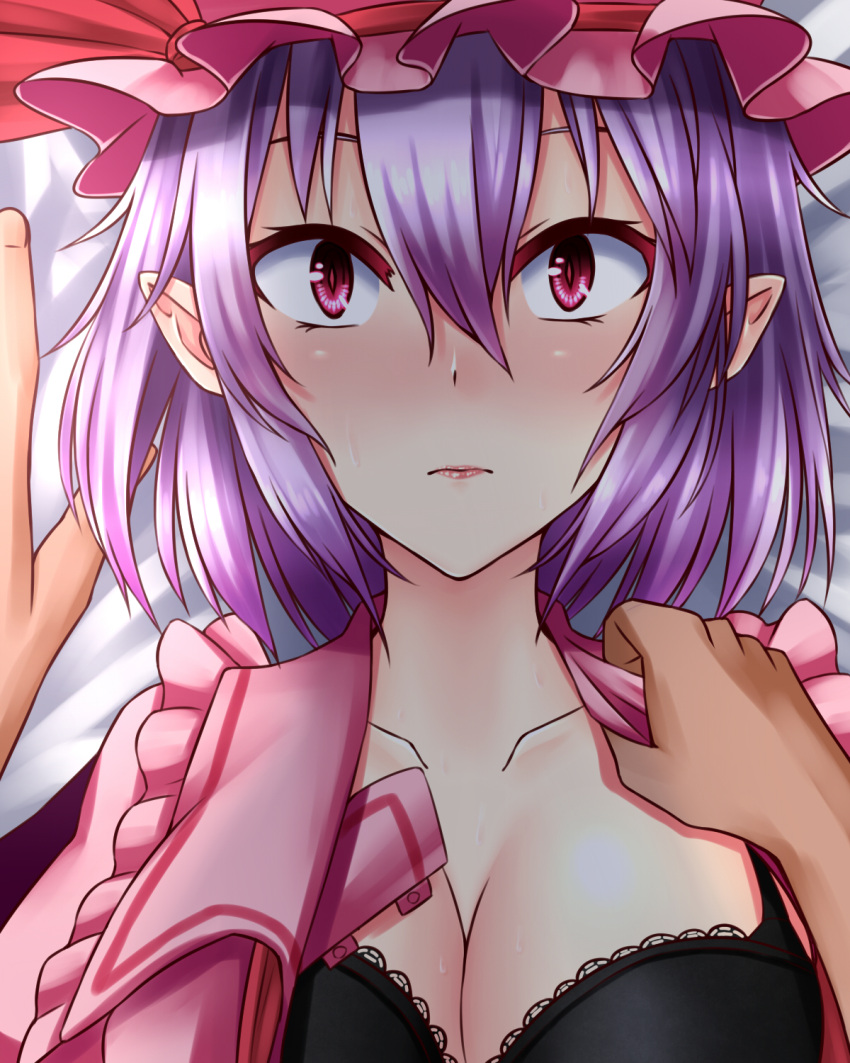 1girl alternate_breast_size black_bra blush bra breasts cleavage hat highres large_breasts lying mob_cap on_back pointy_ears pov pov_hands purple_hair red_eyes remilia_scarlet short_hair solo_focus touhou underwear undressing zeramu