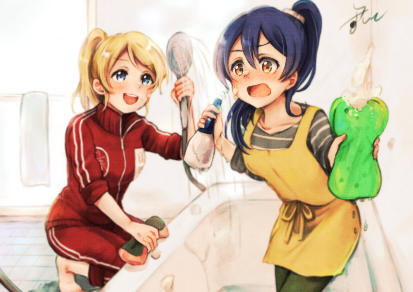 2girls :d apron ayase_eli bangs bathroom bathtub blonde_hair blue_eyes blush bottle commentary_request graphite_(medium) green_pants hair_between_eyes holding holding_bottle holding_shower_head horizontal_stripes indoors jacket kneeling lilylion26 love_live! love_live!_school_idol_project multiple_girls nose_blush open_mouth pants purple_hair red_jacket shirt shower_head signature sleeves_rolled_up smile sonoda_umi sponge spray_bottle standing striped striped_shirt tile_floor tiles towel traditional_media water watercolor_pencil_(medium) yellow_apron