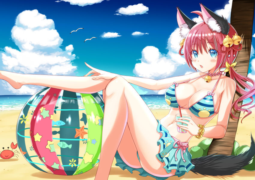 1girl ball beachball bell blue_eyes blush breasts cleavage collarbone crab cup drinking_glass drinking_straw eyebrows_visible_through_hair highres holding_glass large_breasts long_hair looking_at_viewer navel original parted_lips redhead sitting solo tenzeru twintails