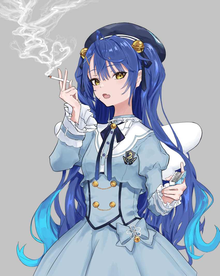 1girl absurdres ahoge amamiya_kokoro artist_request bangs bell beret black_ribbon blue_hair blue_headwear blue_shirt blue_skirt buttons cigarette cigarette_pack cowboy_shot double-breasted grey_background hair_bell hair_between_eyes hair_ornament hair_ribbon hat highres holding holding_cigarette jingle_bell long_hair long_sleeves neck_ribbon nijisanji open_mouth ribbon shirt simple_background skirt smoke smoking solo two_side_up virtual_youtuber x_hair_ornament yellow_eyes
