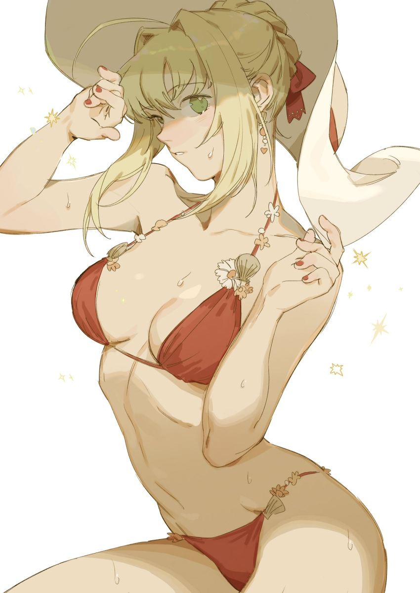 1girl ahoge bare_shoulders bikini blonde_hair bow braid breasts breasts_apart collarbone earrings fate/extra fate_(series) green_eyes hair_bow hair_intakes hat highres horikwawataru jewelry looking_at_viewer medium_breasts nail_polish navel parted_lips red_bikini saber_extra shell shiny shiny_hair sketch solo sun_hat sweat swimsuit teeth white_background