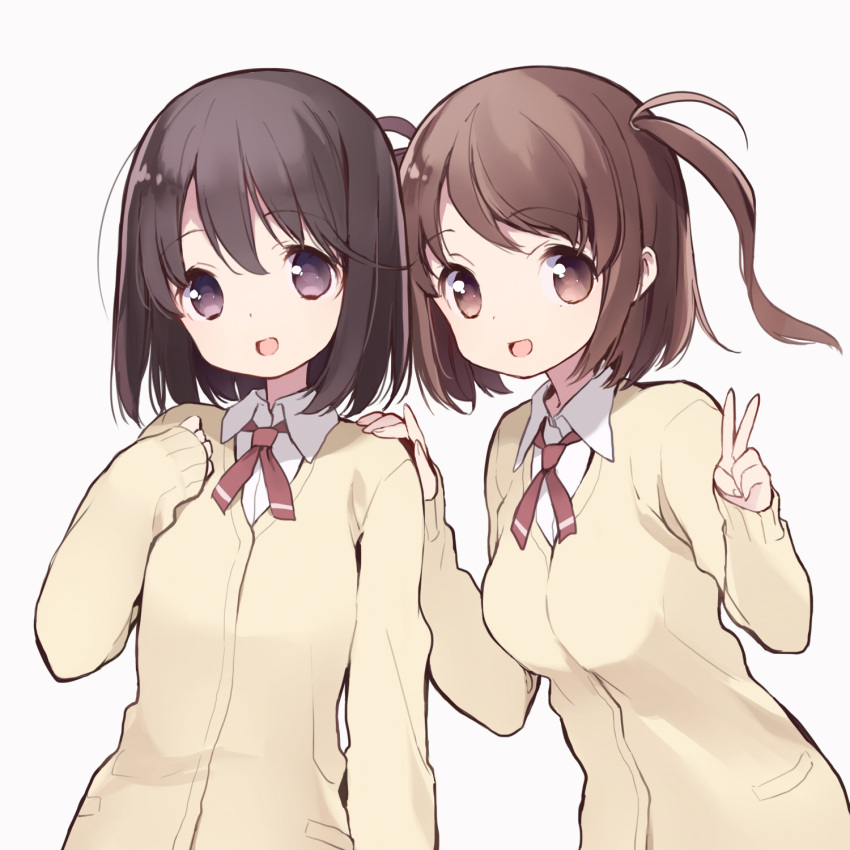2girls bangs black_hair breasts brown_eyes brown_hair cardigan eyebrows_visible_through_hair hand_on_another's_shoulder hands_up highres itsumi_(itumiyuo) looking_at_viewer medium_breasts multiple_girls open_mouth saki short_hair simple_background sleeves_past_wrists smile tareme two_side_up upper_body v violet_eyes white_background