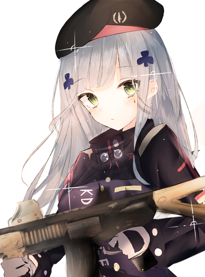 1girl absurdres assault_rifle bangs beret blush closed_mouth eotech eyebrows_visible_through_hair facial_mark finger_on_trigger girls_frontline gloves grey_hair gun hair_ornament hat heckler_&amp;_koch highres hk416 hk416_(girls_frontline) holding holding_gun holding_weapon jacket long_hair looking_at_viewer rifle simple_background solo sparkle teardrop upper_body weapon white_background white_gloves yanggang