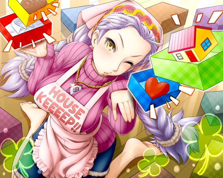 1girl apron barefoot box braid bread breasts brown_eyes cell_(card_game) clover english feet food gift hairband heart house indoors jewelry kneeling large_breasts long_hair looking_up necklace one_eye_closed purple_hair ribbed_sweater soles solo sweater toes twin_braids very_long_hair zenzai_(zenzaio72)