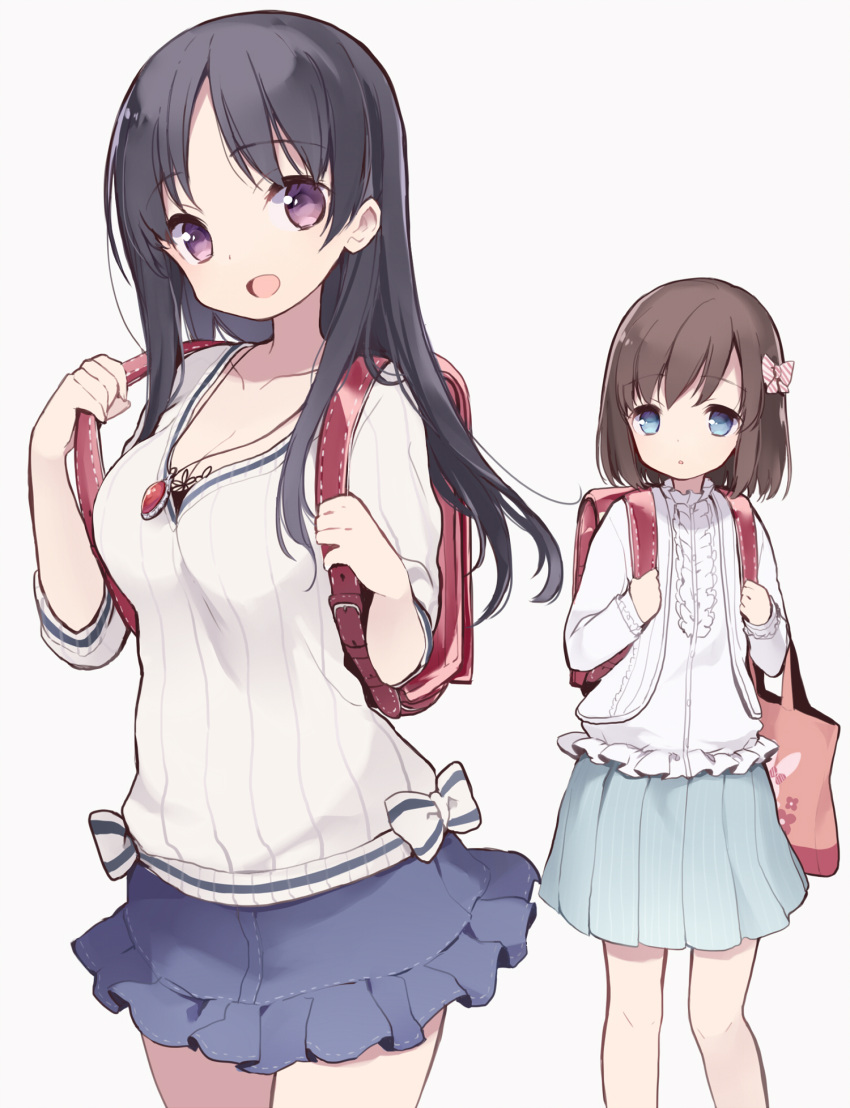 2girls backpack bag bangs black_hair blue_skirt brown_hair eyebrows_visible_through_hair frilled_skirt frills highres itsumi_(itumiyuo) jewelry long_hair looking_at_viewer multiple_girls necklace onjouji_toki open_mouth pleated_skirt randoseru saki saki_achiga-hen school_uniform shimizudani_ryuuka short_hair sidelocks simple_background skirt smile standing tareme violet_eyes white_background