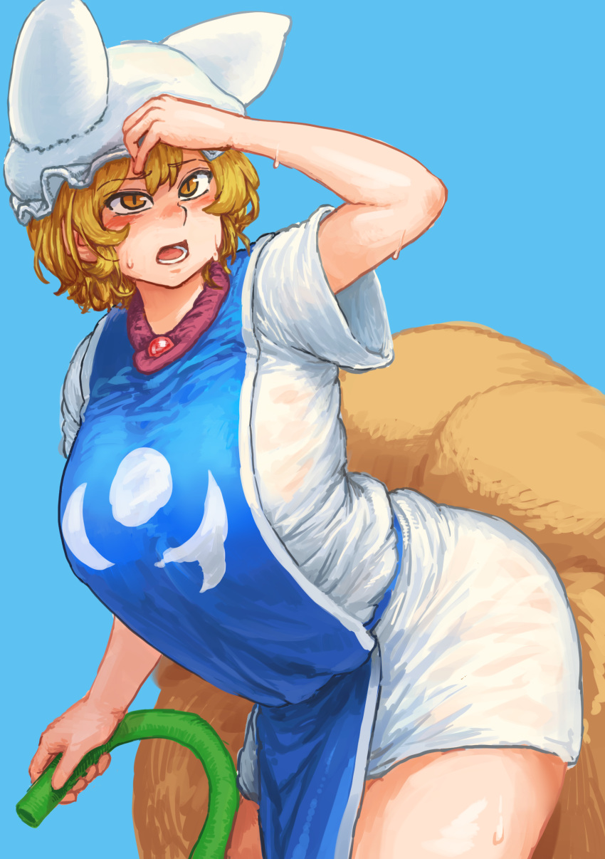 1girl absurdres arched_back arm_at_side arm_up blonde_hair blue_background blush breasts chanta_(ayatakaoisii) dress eyebrows_visible_through_hair fox_tail hat highres holding holding_hose hose huge_breasts leaning_forward multiple_tails open_mouth orange_eyes pillow_hat see-through short_dress short_hair short_sleeves simple_background slit_pupils solo standing sweat tabard tail touhou wet wet_clothes white_dress wide_sleeves yakumo_ran