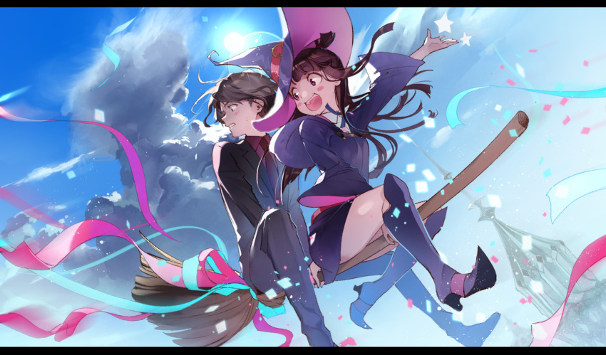 1boy 1girl andrew_hanbridge blush broom broom_riding brown_hair clouds formal g.g.lemon green_eyes hair_over_one_eye hat kagari_atsuko little_witch_academia long_hair open_mouth sky smile suit witch witch_hat