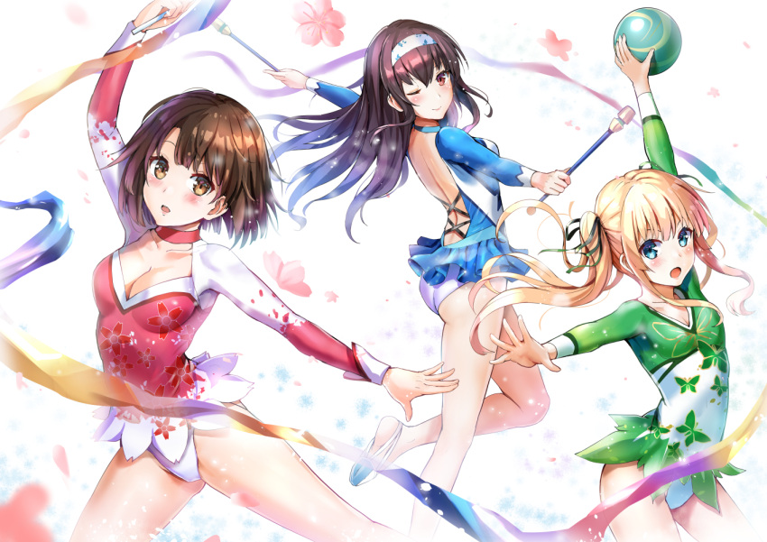 &gt;:o 3girls :o ;) animal_print arm_up ass backless_outfit ball bangs bare_legs blonde_hair blue_choker blue_eyes blush breasts brown_eyes brown_hair butterfly_print choker cleavage collarbone floral_print flower gymnast_leotard gymnastics_ribbon hair_ribbon hairband holding holding_ball kasumigaoka_utaha katou_megumi long_hair long_sleeves looking_at_viewer medium_breasts multiple_girls no_socks one_eye_closed open_mouth outstretched_arms pink_choker qian_wu_atai ribbon saenai_heroine_no_sodatekata sawamura_spencer_eriri short_hair small_breasts smile spread_arms twintails