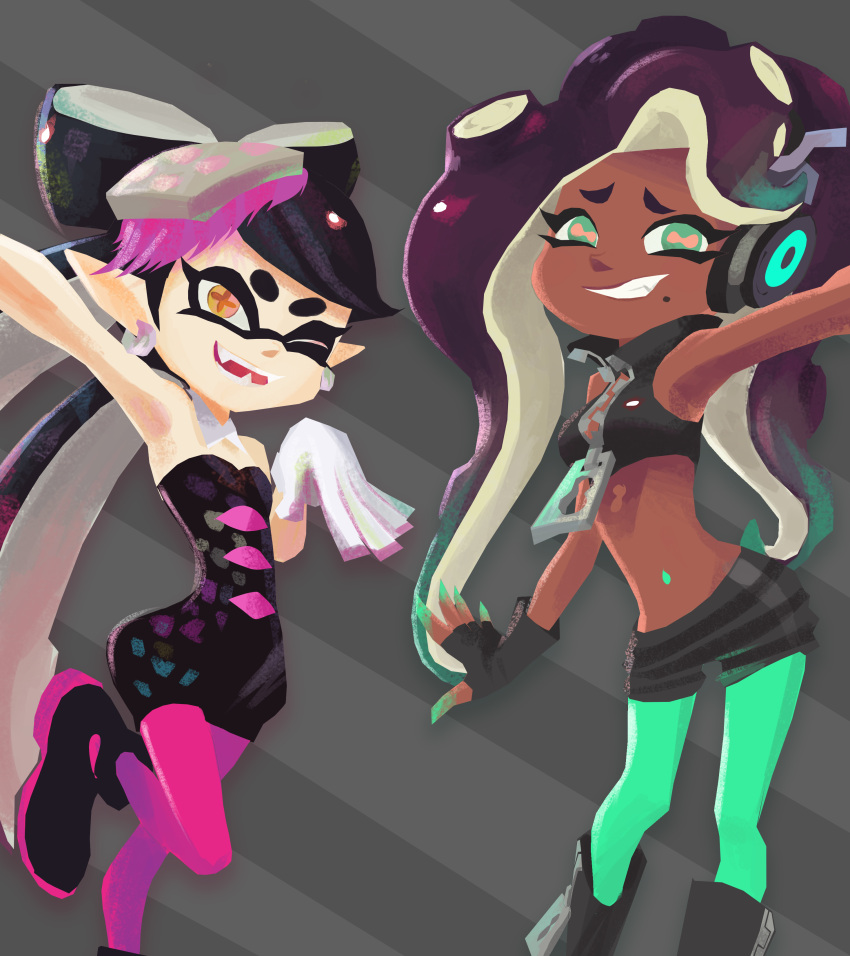 2girls ;d absurdres bare_shoulders black_hair callie_(splatoon) crop_top dark_skin dress dysah fangs fingerless_gloves full_body gloves green_eyes green_legwear green_nails hair_ornament highres l looking_at_viewer marina_(splatoon) midriff mole mole_under_eye mole_under_mouth multiple_girls nail_polish navel navel_piercing octarian one_eye_closed one_leg_raised open_mouth outstretched_arm pantyhose piercing pink_legwear pink_pupils purple_hair shorts sleeveless sleeveless_dress smile splatoon splatoon_2 strapless strapless_dress striped striped_background symbol-shaped_pupils teeth tentacle_hair white_gloves yellow_eyes zipper