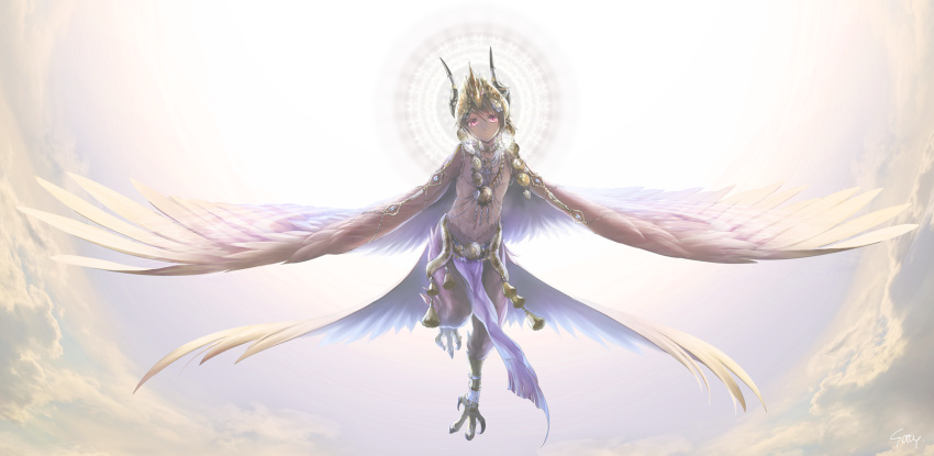 1boy bare_chest blonde_hair choker claws clouds crown expressionless feathered_wings halo harpy_boy highres jewelry loincloth monster_boy navel necklace original red_eyes wings yukimichi_(nieko)