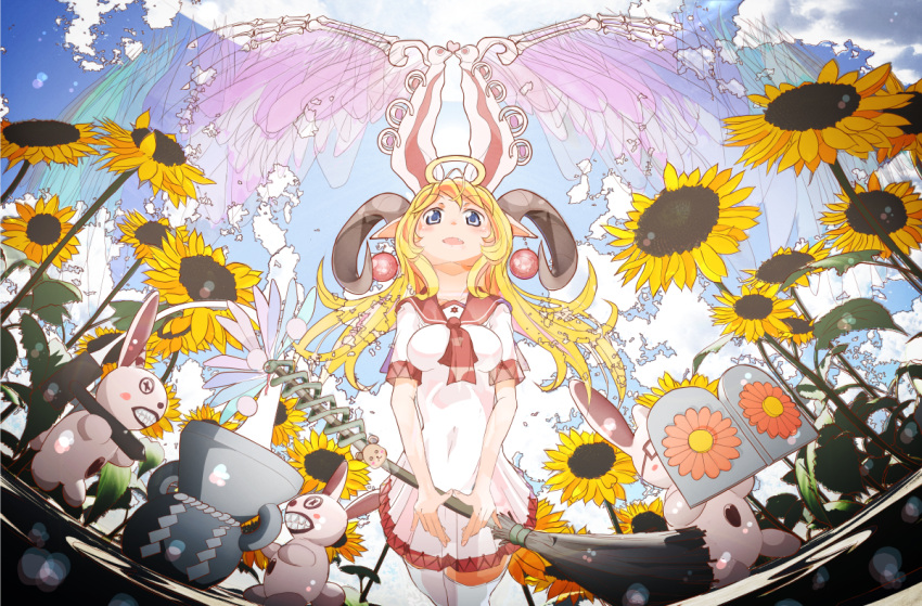 1girl amaoto_kaeru bear_charm blonde_hair blue_eyes blue_sky broom clouds dress error flower from_below glasses halo horns long_hair open_mouth original pointy_ears rabbit sky snake sunflower white_dress white_legwear