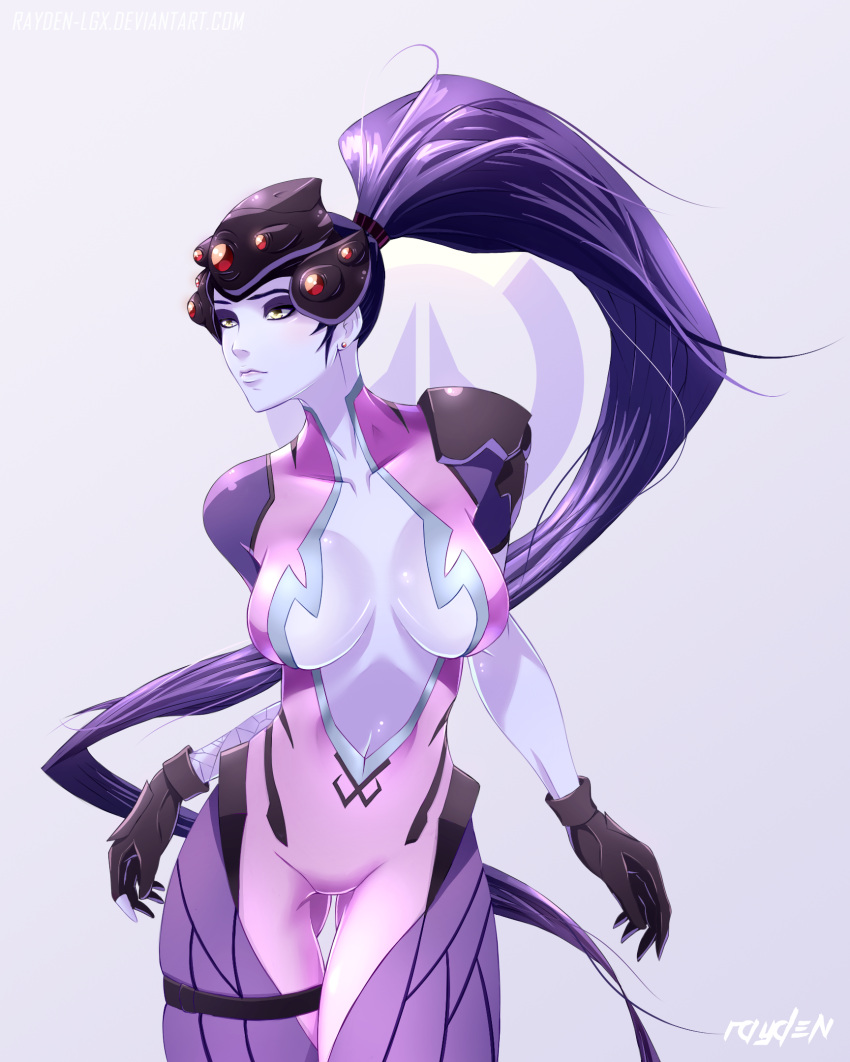 1girl artist_name bodysuit breasts collarbone cowboy_shot earrings gloves grey_background head_mounted_display highres jewelry large_breasts logo long_hair looking_to_the_side overwatch pink_bodysuit ponytail purple_hair purple_skin rayden-lgx short_sleeves signature simple_background solo stud_earrings thigh_gap very_long_hair watermark web_address widowmaker_(overwatch) yellow_eyes