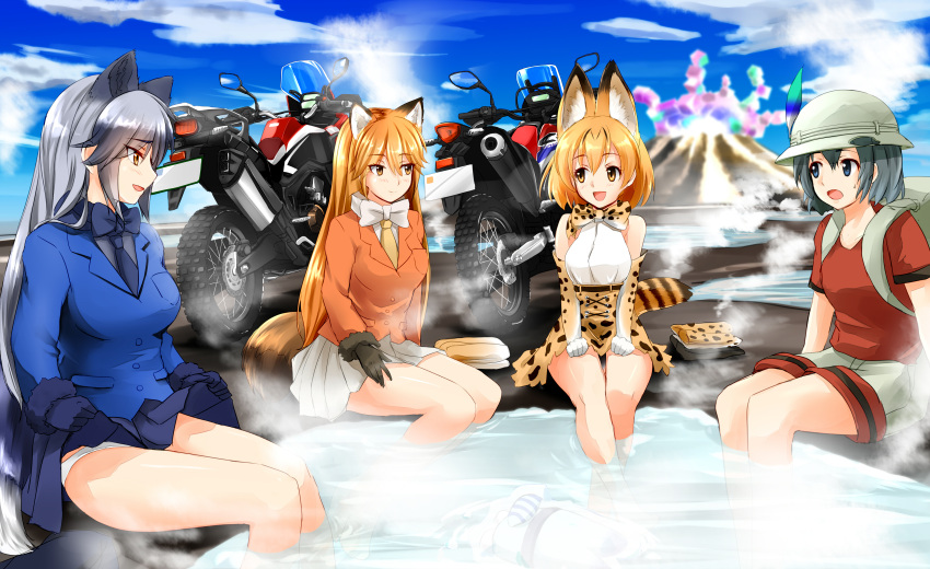 4girls :d absurdres afloat animal_ears backpack bag bare_shoulders black_gloves black_necktie blazer blonde_hair blue_bow blue_bowtie blue_eyes blue_gloves blue_hair blue_skirt blush bow bowtie breast_pocket breasts brown_eyes bucket_hat clenched_hands closed_mouth clouds collarbone day elbow_gloves eyebrows_visible_through_hair ezo_red_fox_(kemono_friends) fox_ears fox_tail frozen fur_trim gloves grey_hair grey_shirt ground_vehicle hair_between_eyes hat hat_feather high-waist_skirt highres jacket kaban_(kemono_friends) kemono_friends large_breasts legs_crossed legwear_removed long_hair long_sleeves looking_at_another lucky_beast_(kemono_friends) motor_vehicle motorcycle multiple_girls necktie onsen open_mouth outdoors panties pleated_skirt pocket profile red_shirt sandstar serval_(kemono_friends) serval_ears serval_print serval_tail shirt short_hair short_sleeves shorts silver_fox_(kemono_friends) sitting skirt skirt_lift sky sleeveless sleeveless_shirt smile soaking_feet steam striped_tail suzuki-shi sweatdrop tail underwear very_long_hair volcano water white_bow white_bowtie white_panties white_shirt white_skirt yellow_necktie