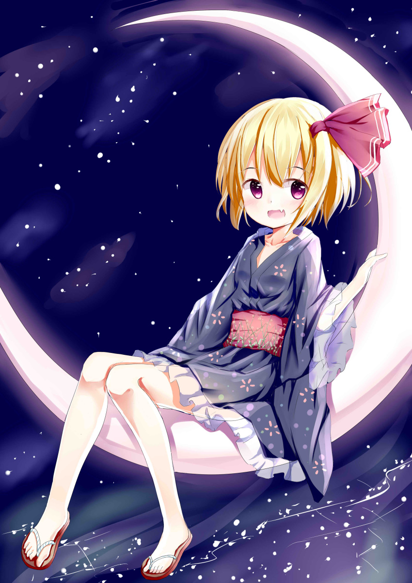 1girl :d absurdres alternate_costume blonde_hair choko_(mixberry_parfait) crescent_moon fang frilled_kimono frills hair_ribbon highres japanese_clothes kimono moon obi open_mouth ribbon rumia sash short_hair sitting_on_moon smile tanabata touhou violet_eyes wide_sleeves