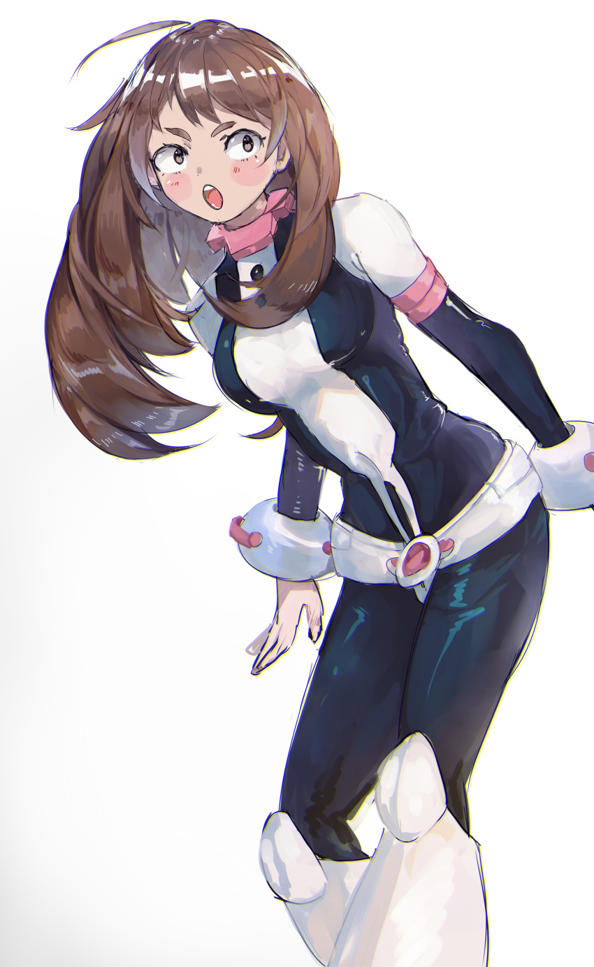 1girl :o absurdres alternate_hairstyle blush blush_stickers bodysuit boku_no_hero_academia boots breasts brown_hair choker desuzee highres knee_boots long_hair open_mouth simple_background solo uraraka_ochako white_background