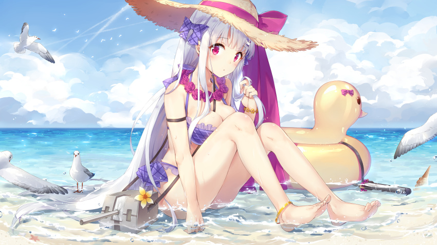 1girl anklet barefoot beach bikini bilan_hangxian bird breasts cleavage clouds cloudy_sky cygnet_(bilan_hangxian) feet flower frilled_bikini frills hat hat_ribbon highres innertube jewelry long_hair maya_g ocean pink_eyes ribbon rubber_duck seagull silver_hair sitting sky solo straw_hat swimsuit toes very_long_hair violet_eyes water