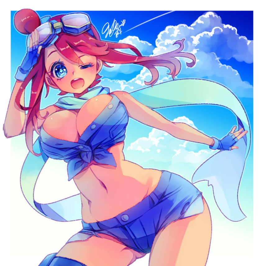 1girl ;d adapted_costume arm_at_side bare_arms bare_shoulders blue_eyes blue_sky breasts buttons cleavage clouds cowboy_shot denim denim_shorts eyebrows_visible_through_hair fingerless_gloves floating_hair fuuro_(pokemon) gloves gluteal_fold goggles goggles_on_head gym_leader hair_ornament hand_up hips large_breasts long_hair looking_at_viewer midriff naoto_(yandereheaven) navel one_eye_closed open_mouth outstretched_arm pokemon pokemon_(game) pokemon_bw redhead salute scarf short_shorts shorts signature sky smile solo standing stomach strapless wind wind_lift