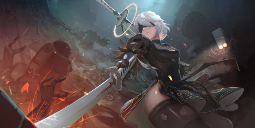 1girl absurdres black_legwear breasts cleavage cleavage_cutout facing_away highres holding holding_sword holding_weapon large_breasts mole mole_under_mouth nier_(series) nier_automata shon short_hair solo sword thigh-highs weapon white_hair yorha_no._2_type_b