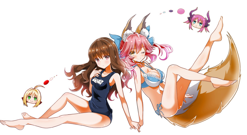 4girls absurdres blonde_hair blue_eyes breasts brown_eyes brown_hair chibi_inset cleavage elizabeth_bathory_(fate) elizabeth_bathory_(fate)_(all) fate/extra fate/extra_ccc fate/grand_order fate_(series) green_eyes highres large_breasts long_hair looking_at_viewer multiple_girls nanakusa_amane one_eye_closed pink_hair short_hair sitting tamamo_(fate)_(all) tamamo_no_mae_(fate) yellow_eyes