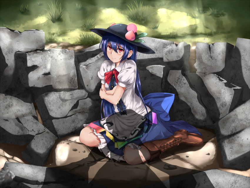 1girl 3: blue_hair blush boots broken_ground brown_boots butter_curry collared_shirt commentary dress food food_on_head fruit fruit_on_head hakurei_reimu hat hinanawi_tenshi knee_boots long_hair object_on_head peach red_eyes rock self_hug shadow shirt silhouette skirt solo_focus tears touhou very_long_hair