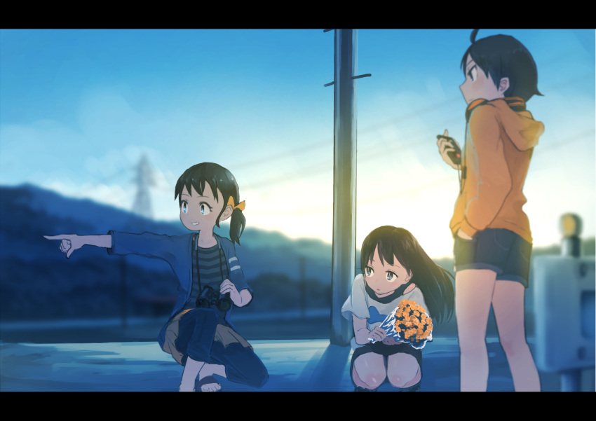 ahoge black_hair blue_eyes blue_jacket blue_shorts bouquet bow brown_skirt commentary_request day denim flower hair_bow holding holding_bouquet hood hooded_jacket inami_hatoko jacket long_hair long_sleeves looking_to_the_side open_clothes open_jacket original outdoors pointing pointing_to_the_side power_lines sandals short_hair short_sleeves shorts skirt squatting standing sunlight transmission_tower yellow_bow yellow_jacket