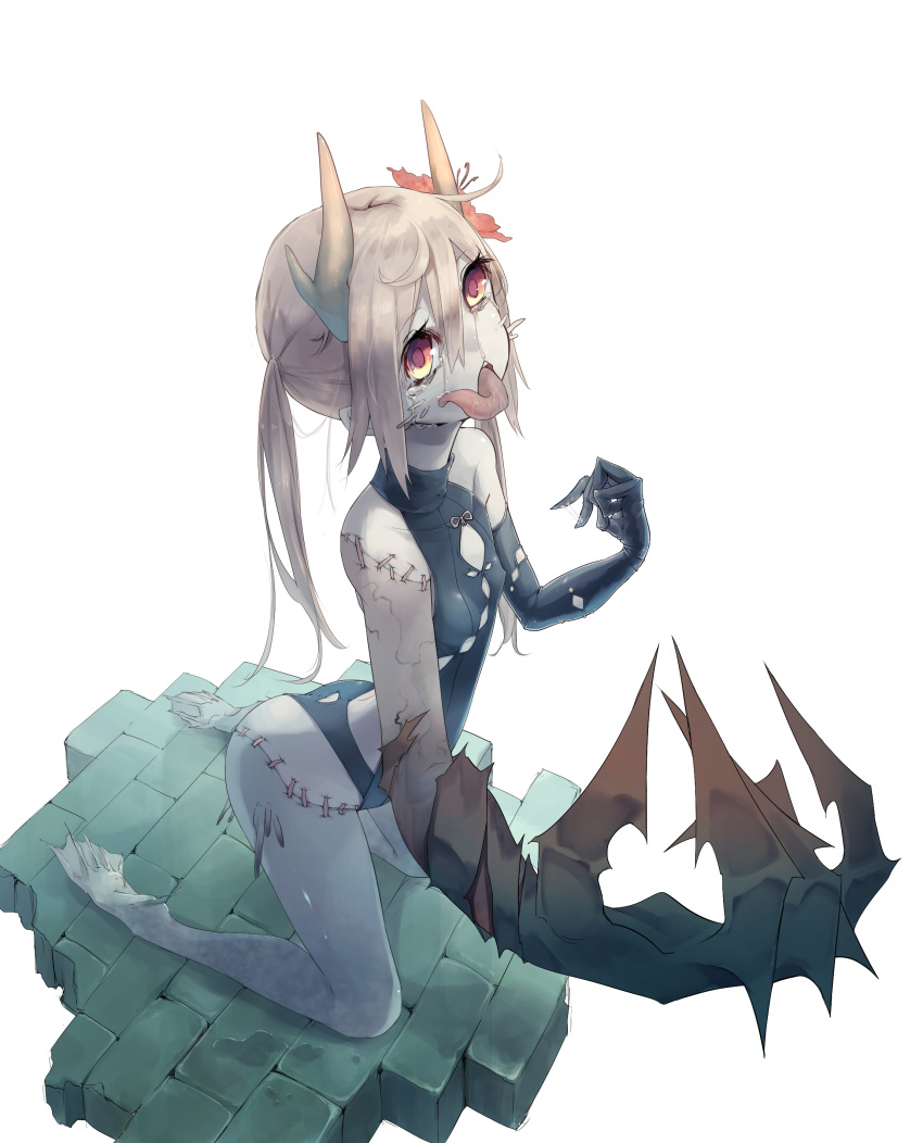 1girl absurdres asymmetrical_clothes blonde_hair brick_floor claws flower hair_flower hair_ornament highres hikiniku horns leotard long_tongue orange_eyes original pale_skin scar stitches tears tongue undead veins webbed_feet zombie