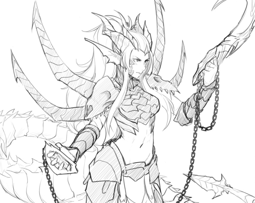 1girl armor chaos_(warhammer) demon_horns dragon_tail ember_(khornette_quest) greyscale highres horns less looking_to_the_side monochrome navel pauldrons pointy_ears ponytail serious skull tail warhammer_40k