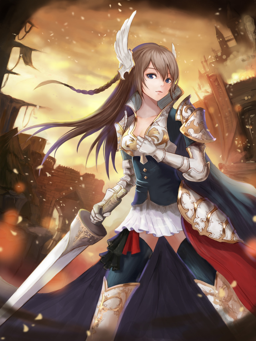 1girl absurdres armor black_cape black_legwear blue_eyes braid brown_hair brown_sky cape castle dew_(7302235) dutch_angle gauntlets greaves head_wings highres holding holding_sword holding_weapon long_hair looking_at_viewer original outdoors skirt standing sword tree wall weapon white_skirt