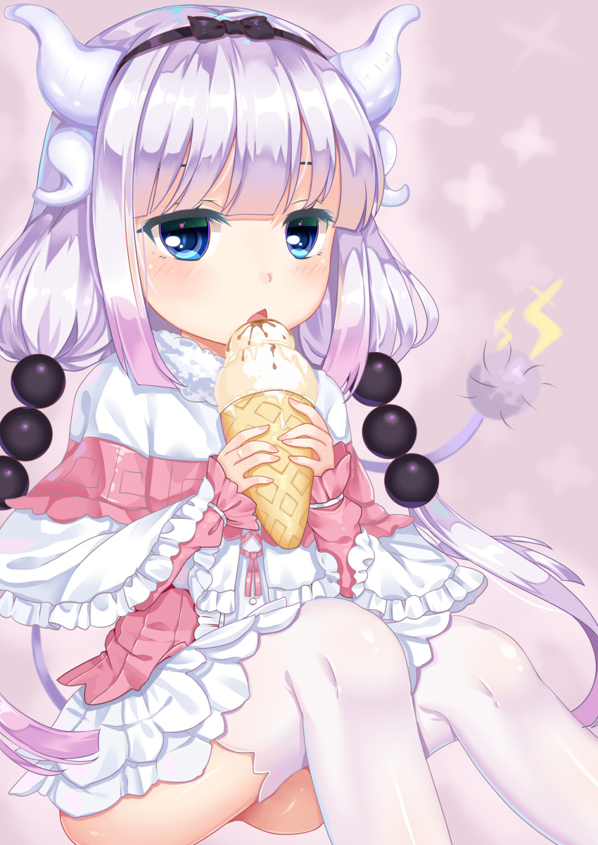 1girl absurdres binan_xian_lu blue_eyes food highres ice_cream ice_cream_cone kanna_kamui kobayashi-san_chi_no_maidragon long_hair looking_at_viewer multicolored_hair purple_hair silver_hair solo tail thigh-highs two-tone_hair white_legwear