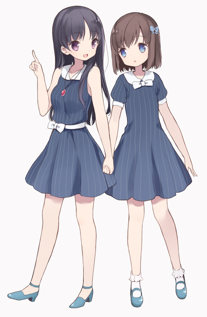2girls bangs black_hair blue_bow blue_dress blue_eyes blue_shoes bow brown_hair dress eyebrows_visible_through_hair full_body hair_bow hand_holding highres itsumi_(itumiyuo) jewelry long_hair looking_at_another mary_janes multiple_girls necklace onjouji_toki open_mouth saki saki_achiga-hen shimizudani_ryuuka shoes simple_background smile striped striped_bow striped_dress tareme violet_eyes white_background