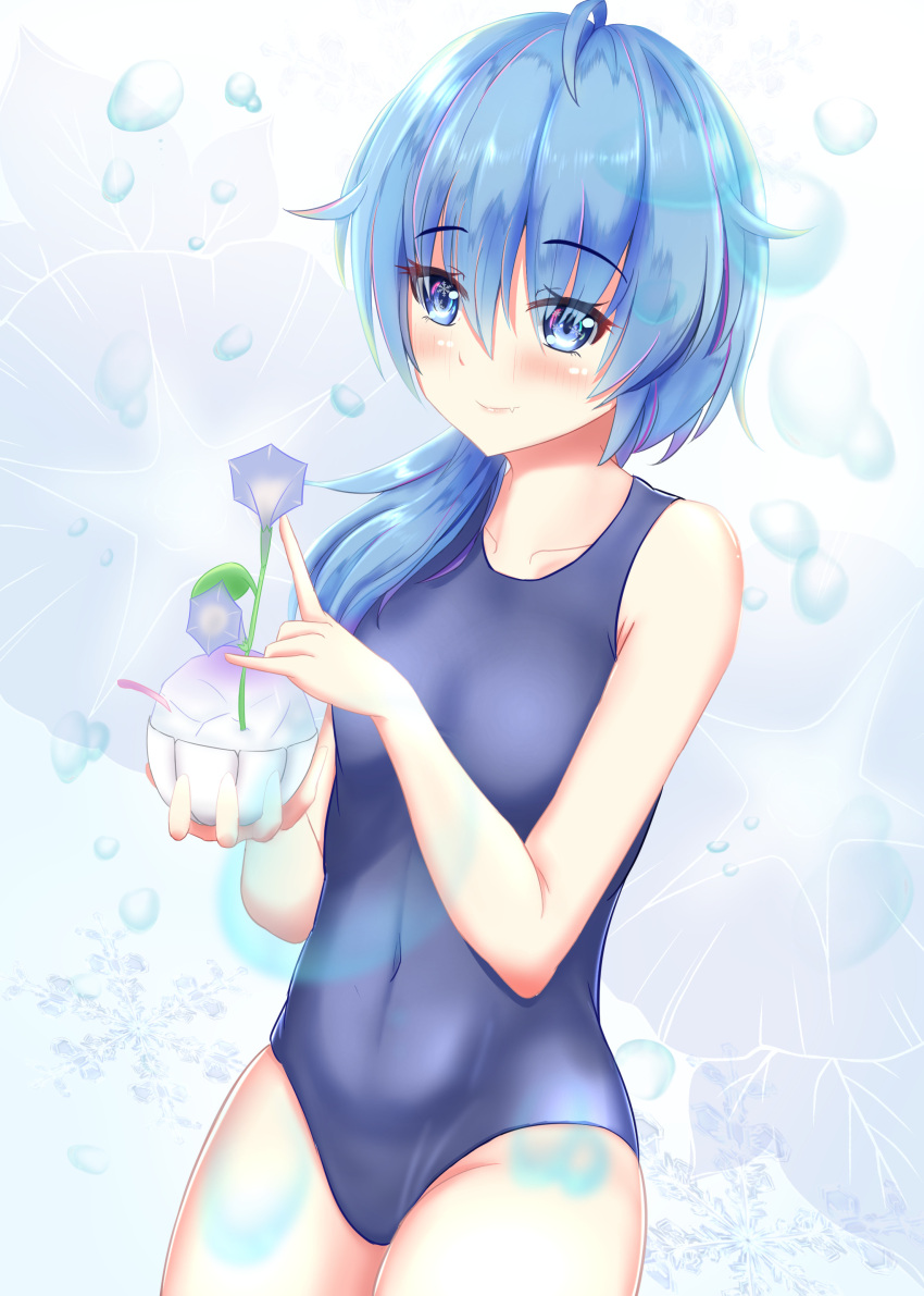 10s 1girl absurdres asymmetrical_hair blue_eyes blue_hair blue_swimsuit blush bubble dream41 fang flower highres kantai_collection lips long_hair minazuki_(kantai_collection) morning_glory one-piece_swimsuit school_swimsuit shaved_ice smile solo swimsuit
