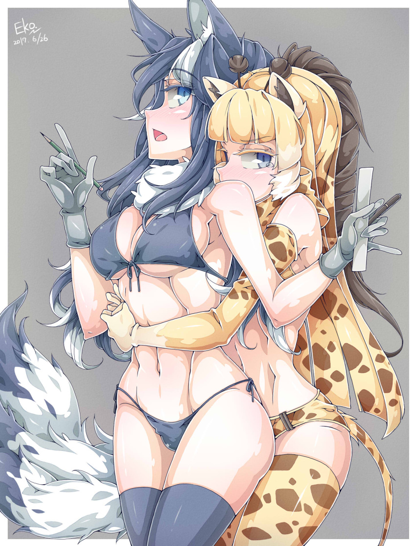 animal_ears bikini blonde_hair elbow_gloves falco_arrow giraffe_ears giraffe_horns gloves grey_wolf_(kemono_friends) highres hug hug_from_behind kemono_friends long_hair multicolored_hair multiple_girls open_mouth reticulated_giraffe_(kemono_friends) swimsuit tail thigh-highs wolf_ears yuri