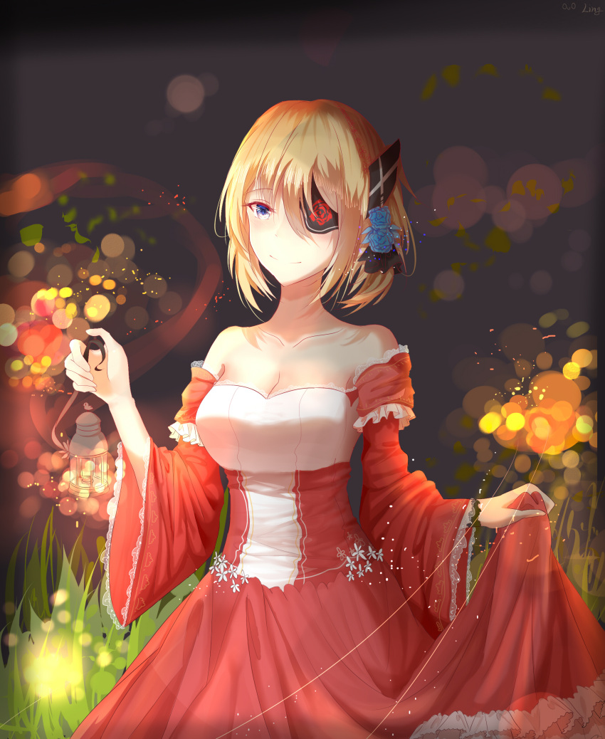 1girl abstract_background absurdres alternate_costume bare_shoulders blonde_hair blue_eyes breasts cleavage closed_mouth collarbone cowboy_shot detached_sleeves dress dress_lift eyelashes eyepatch floral_print flower flower_ornament frilled_sleeves frills hair_between_eyes hair_flower hair_ornament hand_up highres holding lamp light_particles lingmuqianyi looking_afar looking_away one_eye_covered prince_of_wales_(zhan_jian_shao_nyu) red_dress short_hair smile solo tied_hair wide_sleeves zhan_jian_shao_nyu