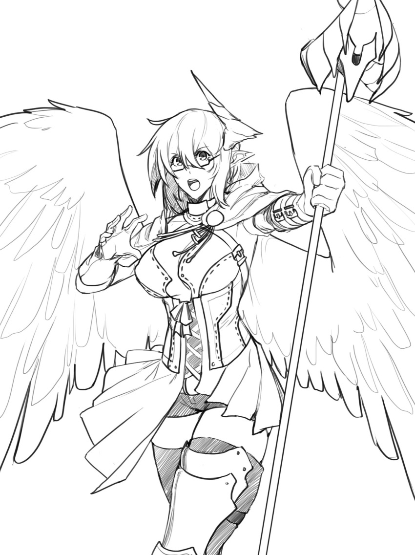 1girl angel angel_wings armor cape corset feathered_wings feathers glasses gloves greyscale highres horn leg_armor less looking_at_viewer monochrome open_clothes open_mouth open_skirt pointy_ears short_hair short_shorts shorts simple_background skirt solo staff weapon white_background wings
