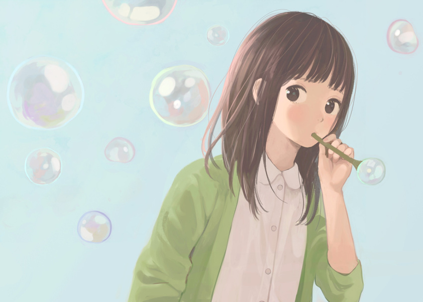 1girl bangs blue_background brown_eyes brown_hair bubble bubble_background bubble_blowing bubble_pipe buttons collared_shirt dress_shirt jacket long_sleeves looking_at_viewer medium_hair nakamura_hinata open_clothes open_jacket original shirt simple_background solo upper_body white_shirt
