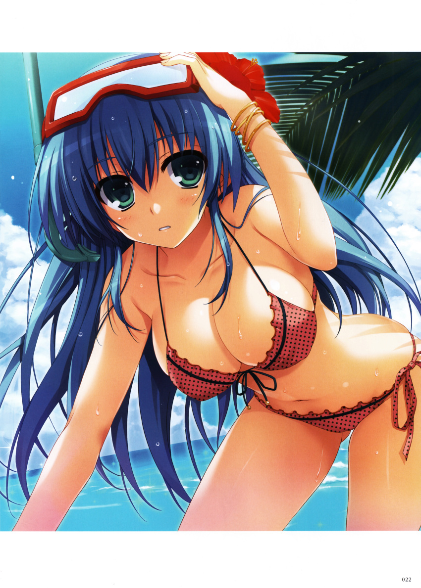 1girl :o absurdres arm_up bare_shoulders bent_over bikini black_ribbon blue_sky blush bracelet breasts cleavage clouds collarbone day flower front-tie_bikini front-tie_top gluteal_fold green_eyes hair_between_eyes hanging_breasts hibiscus highres horizon huge_filesize jewelry large_breasts leaf long_hair looking_at_viewer midriff navel ocean outdoors palm_tree parted_lips plant polka_dot polka_dot_bikini red_bikini ribbon shiny shiny_skin side-tie_bikini sky snorkel solo standing stomach sunlight swimsuit teeth tomose_shunsaku tree very_long_hair water water_drop wet wet_hair