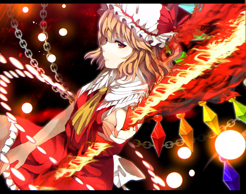1girl ascot bangs black_background blonde_hair chains expressionless eyebrows_visible_through_hair fire flandre_scarlet hat hat_ribbon holding holding_sword holding_weapon laevatein mob_cap red_eyes red_ribbon red_skirt ribbon sameya skirt solo sword touhou vest weapon white_hat wings
