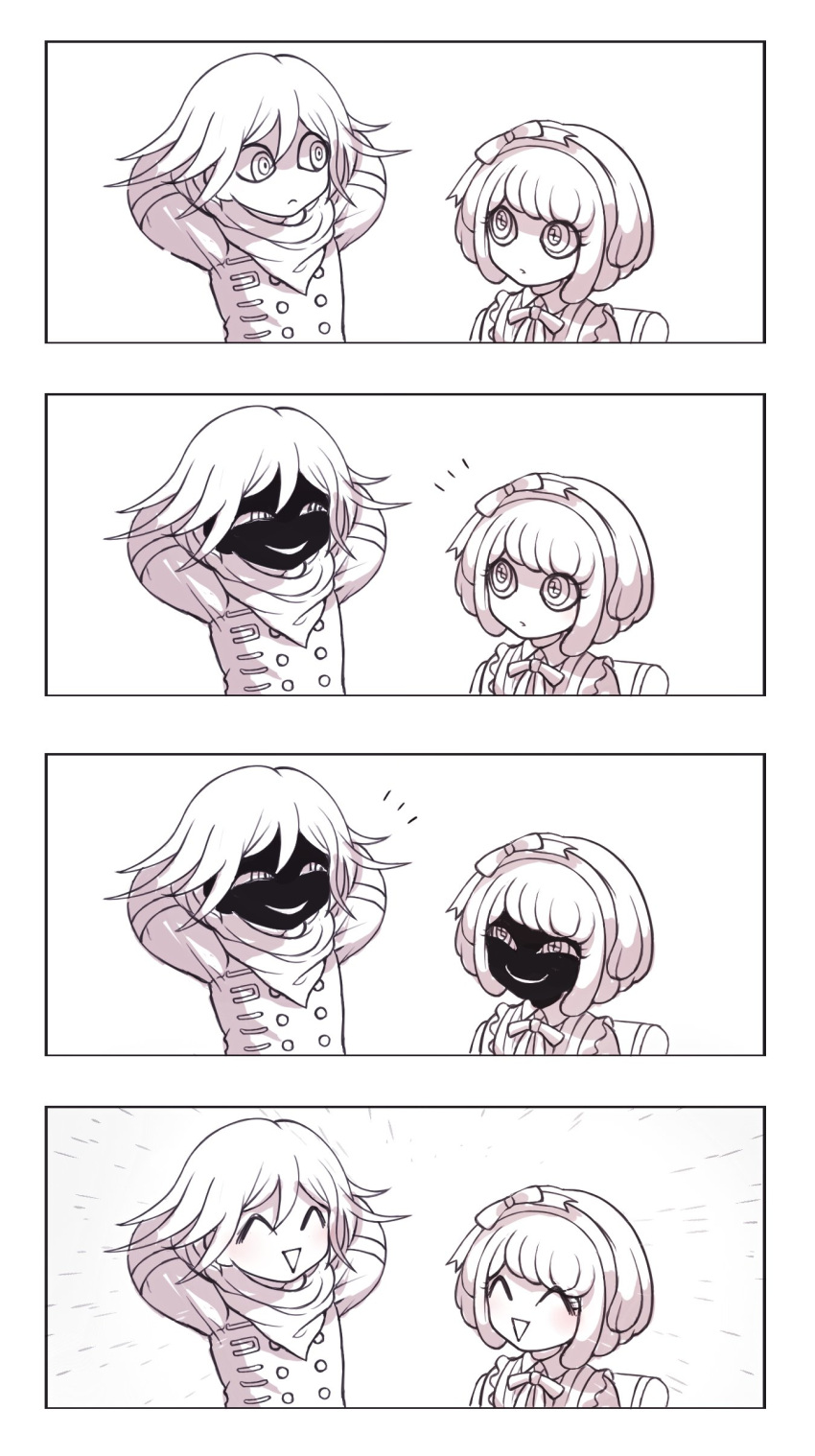 1boy 1girl 4koma ^_^ absurdres closed_eyes comic dangan_ronpa doraraemon hairband highres monaka_(dangan_ronpa) new_dangan_ronpa_v3 ouma_kokichi shaded_face silent_comic smile straitjacket trait_connection zettai_zetsubou_shoujo