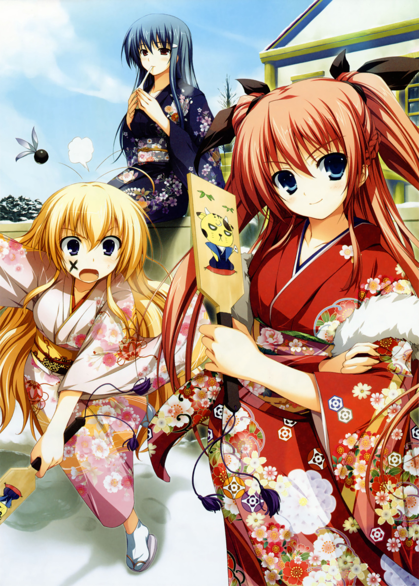 3girls absurdres akatsuki_no_goei blonde_hair blue_eyes blue_hair eating floral_print flower food furisode hanetsuki highres japanese_clothes kanzaki_moe kimono kurayashiki_tae long_hair mochi multiple_girls new_year nikaidou_reika redhead smile snow tabi tomose_shunsaku two_side_up very_long_hair wagashi winter