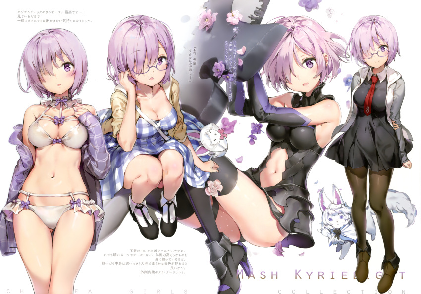 1girl absurdres anmi arm_at_side arm_behind_back armor arms_up bare_shoulders bikini black_legwear boots breasts bright_pupils brown_legwear cleavage closed_mouth collarbone detached_collar dress erect_nipples fate/grand_order fate_(series) faulds flower fou_(fate/grand_order) glasses gluteal_fold hair_over_one_eye hair_tucking hand_on_own_chest high_heel_boots high_heels highres hood hooded_jacket hoodie huge_filesize jacket leotard looking_at_viewer medium_breasts navel_cutout necktie off_shoulder open_clothes open_hoodie open_jacket pantyhose petals plaid plaid_dress purple_hair scan shield shielder_(fate/grand_order) sitting sleeves_past_wrists smile solo_focus standing swimsuit thigh-highs thigh_boots thigh_gap thigh_strap violet_eyes white_bikini