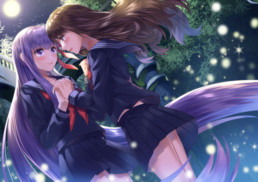 2girls alpha_(eren_mfmf) bangs black_serafuku black_skirt blush brown_eyes brown_hair closed_mouth dutch_angle eye_contact eyebrows_visible_through_hair fate/extra fate_(series) female hair_ribbon hand_holding hands_up highres interlocked_fingers kishinami_hakuno_(female) long_hair long_sleeves looking_at_another matou_sakura moonlight multiple_girls mutual_yuri neckerchief night open_mouth pleated_skirt profile red_neckerchief red_ribbon ribbon school_uniform serafuku skirt smile standing type-moon very_long_hair wavy_hair yuri