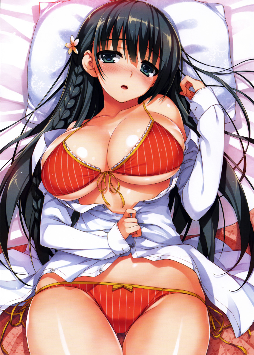 1girl absurdres bangs bed black_hair blue_eyes blush bow bow_panties bra braid breasts cleavage collarbone eyebrows_visible_through_hair flower front-tie_top hair_flower hair_ornament highres large_breasts long_hair lying off_shoulder on_back open_mouth panties pillow shirt side-tie_panties single_braid solo striped tomose_shunsaku underwear vertical_stripes white_shirt