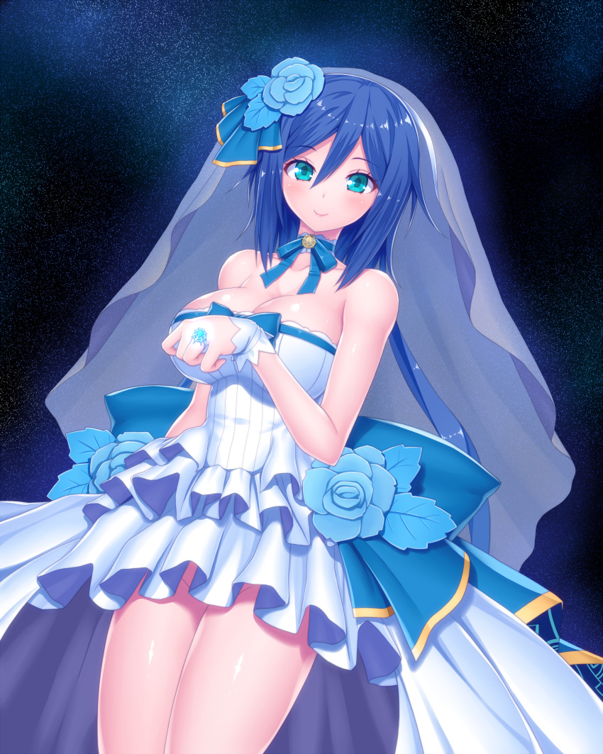 1girl absurdres aqua_eyes asamura_hiori bangs bare_arms bare_shoulders blue_bow blue_choker blue_flower blue_hair blue_ribbon blush bow breasts bridal_veil choker cleavage closed_mouth collarbone commentary_request dress eyebrows_visible_through_hair flower frilled_dress frills from_below groin hair_between_eyes hair_flower hair_ornament hand_up highres jewelry large_bow large_breasts legs_together long_hair looking_at_viewer looking_down mother_(pso2) no_panties phantasy_star phantasy_star_online_2 ribbon ribbon_choker ring shiny shiny_hair shiny_skin smile solo standing star starry_background strapless strapless_dress thighs veil wedding_dress wedding_ring white_dress wristband