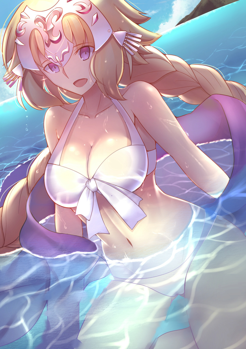 1girl absurdres bangs blonde_hair blue_eyes braid breasts cleavage collarbone dutch_angle eyebrows_visible_through_hair fate/apocrypha fate_(series) front-tie_bikini front-tie_top halter_top halterneck headpiece highres horizon large_breasts long_hair navel ocean open_mouth outdoors paperfinger partially_submerged ruler_(fate/apocrypha) shawl sidelocks single_braid smile solo thighs