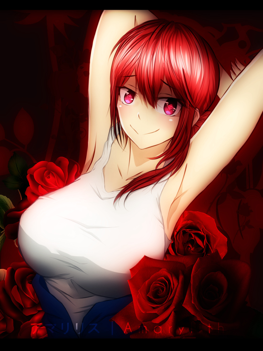 1girl amarylith armpits arms_behind_back asymmetrical_hair breasts eyebrows_visible_through_hair floral_background flower heart heart-shaped_pupils highres hiyama_akane_(renai_boukun) large_breasts looking_at_viewer red_eyes redhead renai_boukun rose shaded_face smile solo symbol-shaped_pupils tank_top upper_body